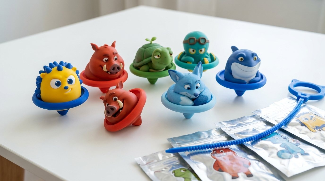 The six launch beasts as spinning tops with mystery bags and a launcher
